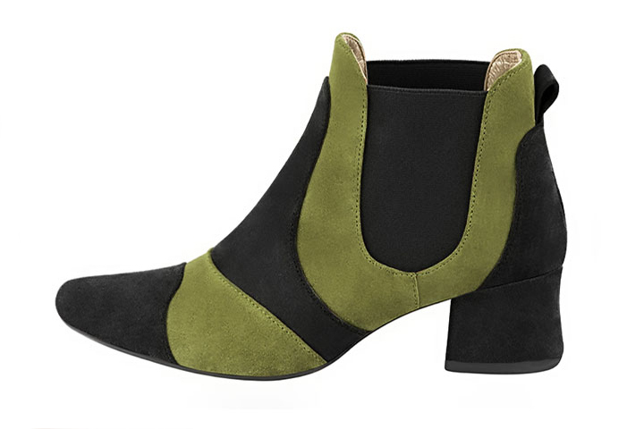 Women's pitch black and pistachio green two-tone chelsea boots with round toe and low flared heel - Profile view